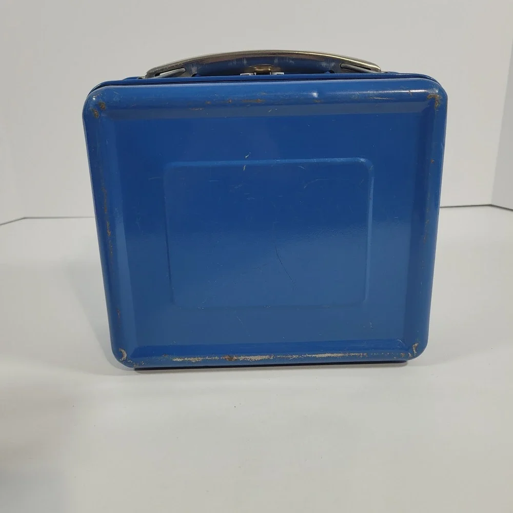 Vintage Blue Metal Lunch Box with Red Striped Thermos Cork Stopper Made in USA - Picture 15 of 15